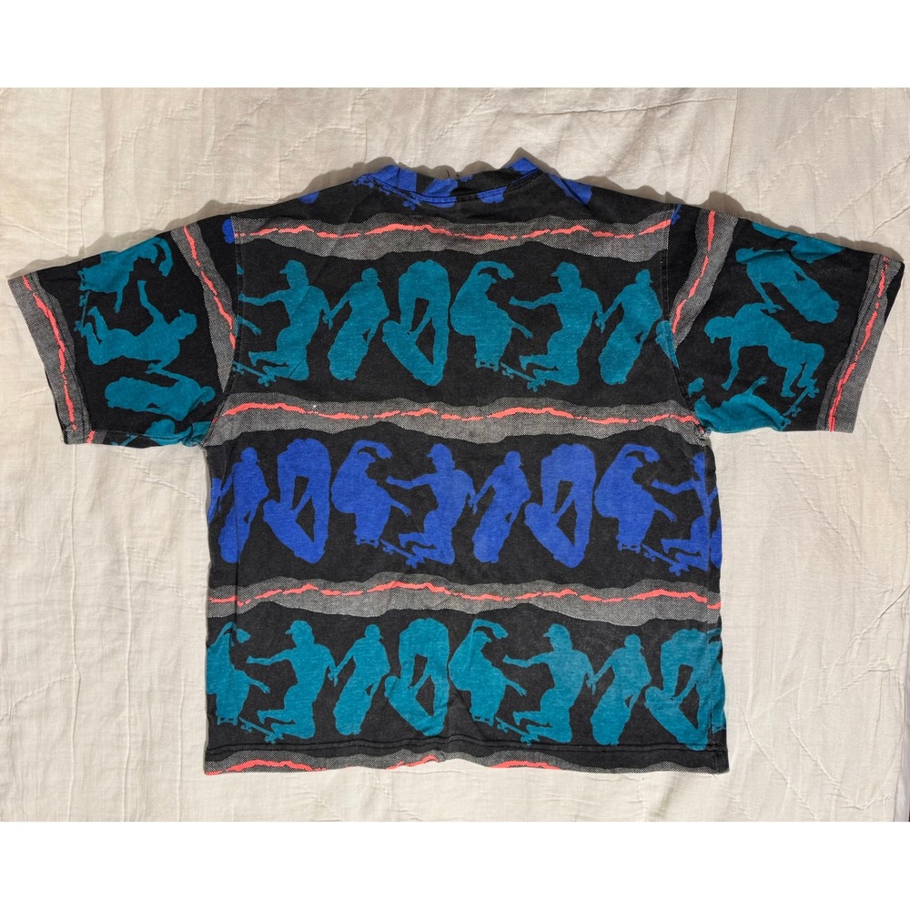 Vintage LA Gear 90s Skateboard All Over Print T-Shirt Black Blue Teal Large - Picture 6 of 6